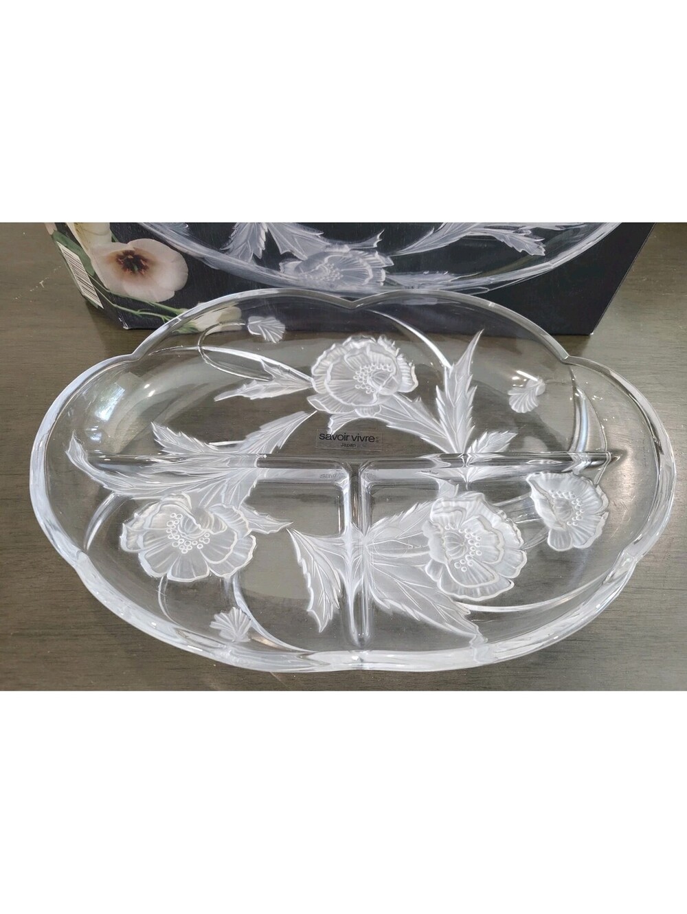 Vintage Mikasa Savoir Vivre Glass Divided Relish Dish~California Poppies~Frosted